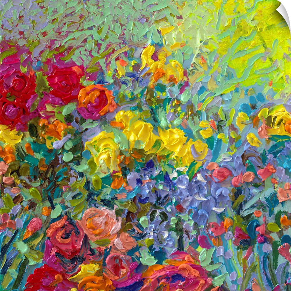 Brightly colored contemporary artwork of a field of flowers.