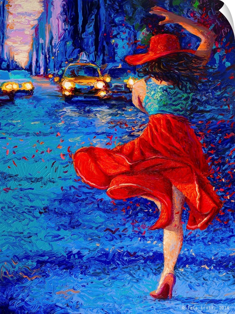 Brightly colored contemporary artwork of a woman in red hailing a cab.
