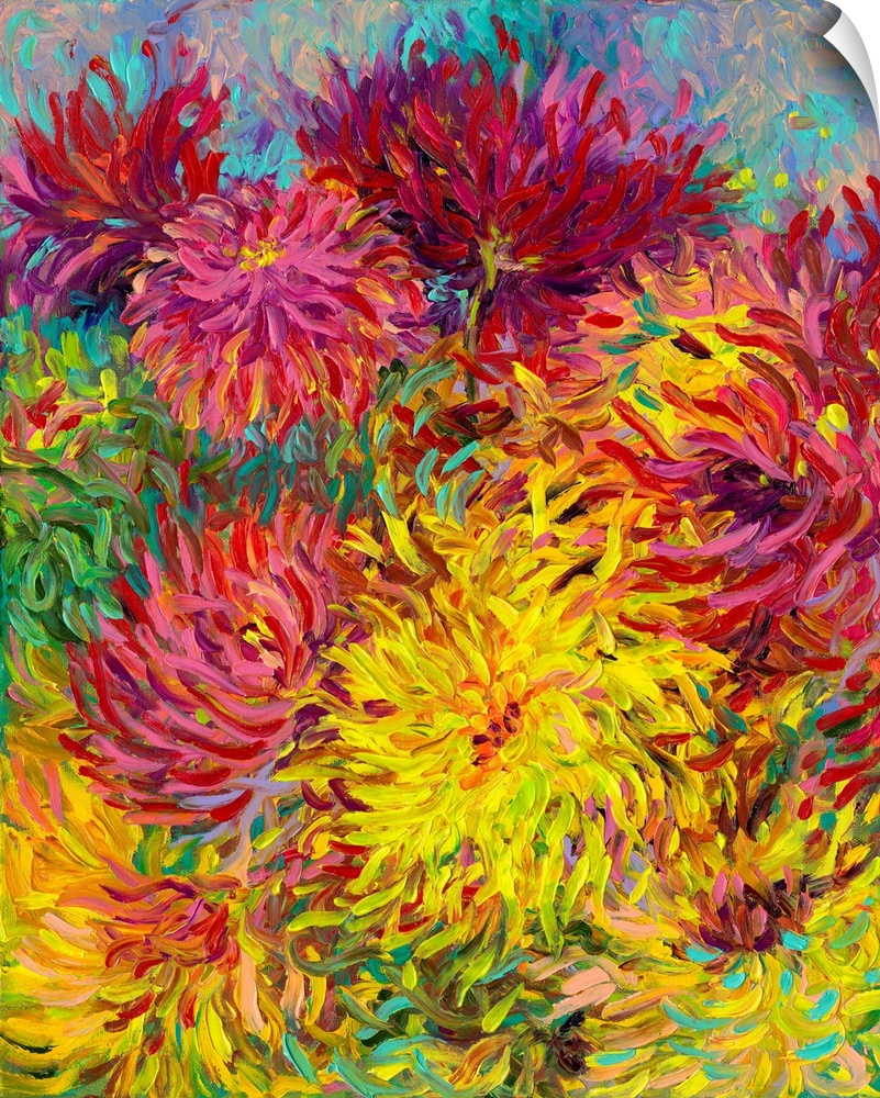 Brightly colored contemporary artwork of red and yellow dahlias.