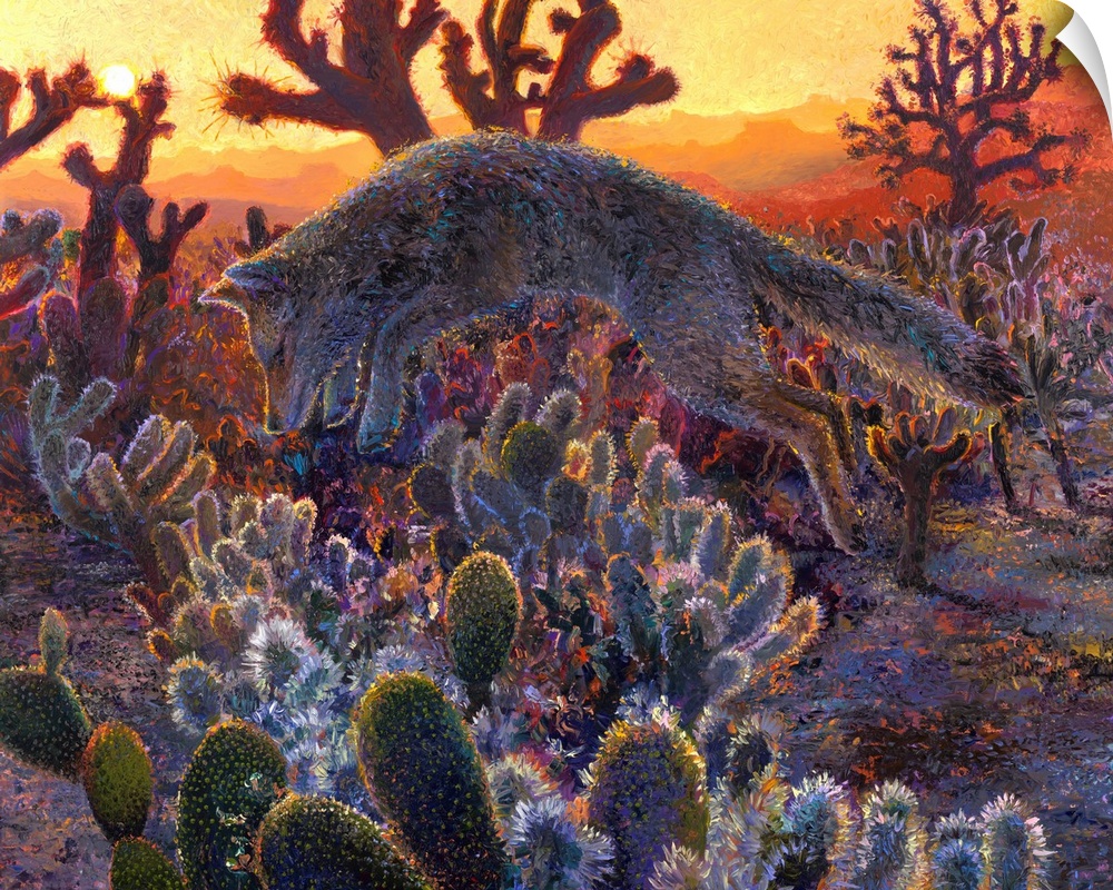 Brightly colored contemporary artwork of a fox pouncing in the desert.