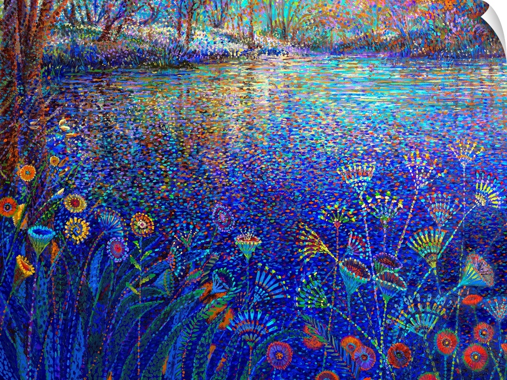 Brightly colored contemporary artwork of flowers alongside a river bank.