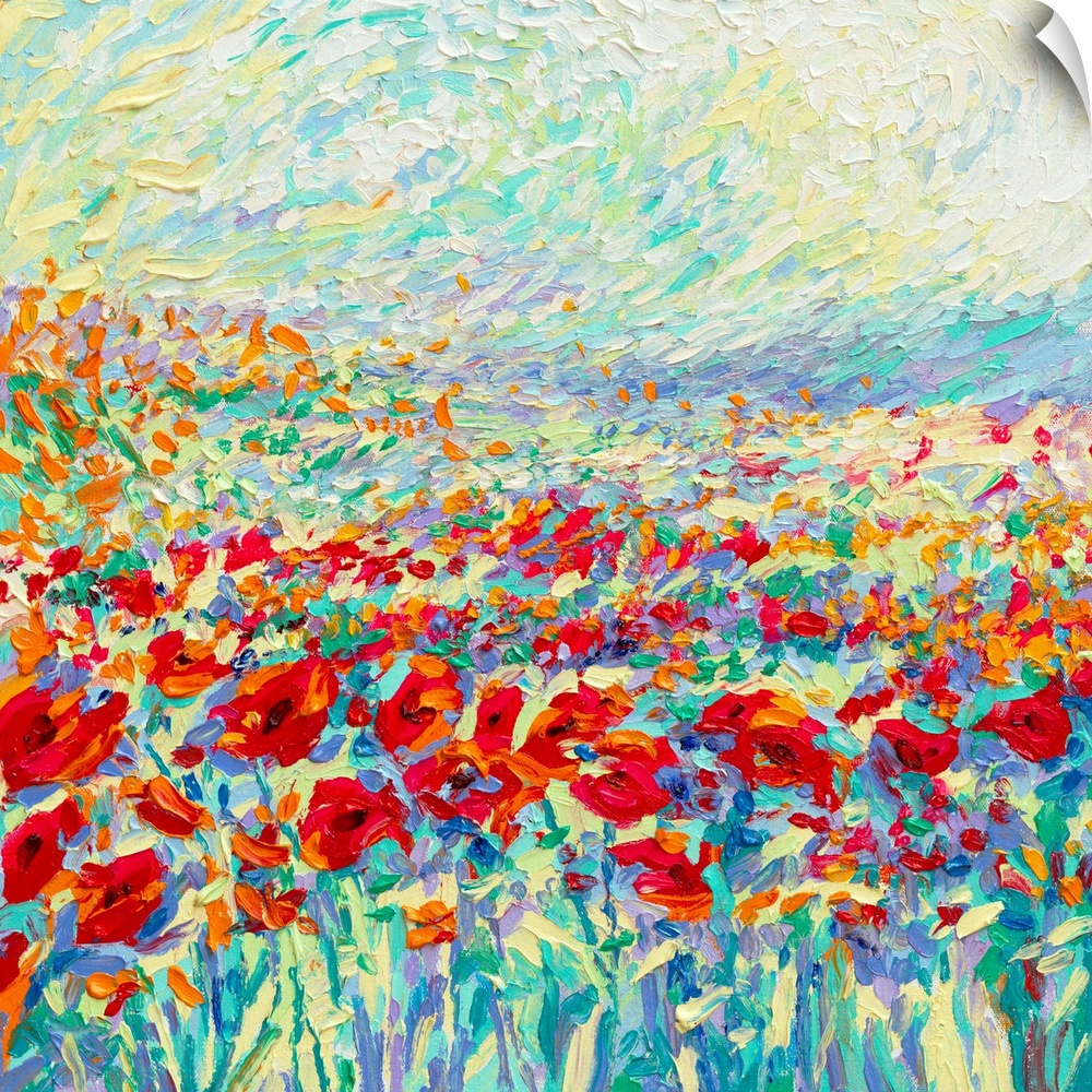 Brightly colored contemporary artwork of a field of red poppies.