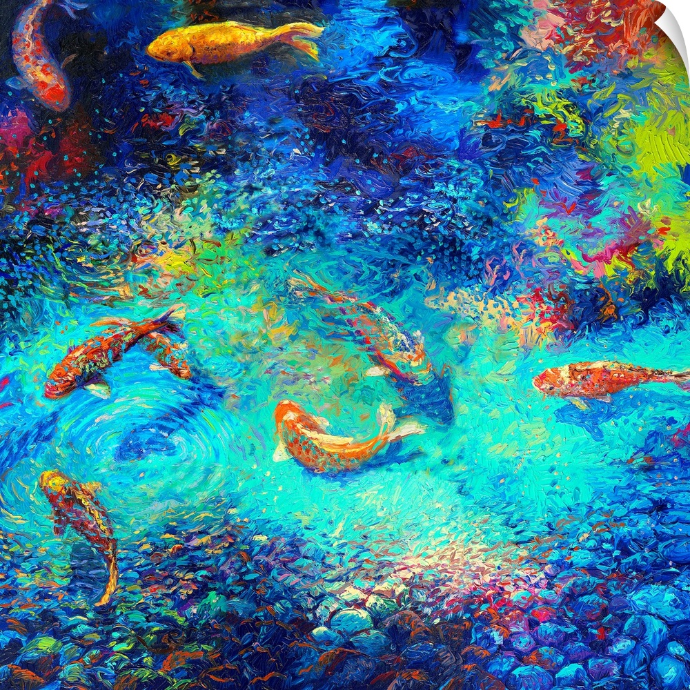 Brightly colored contemporary artwork of a colorful painting of koi fish in water.