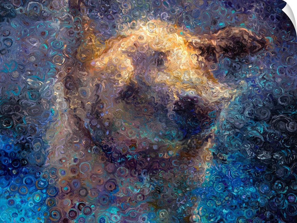 Brightly colored contemporary artwork of an abstract dog with bubbles.