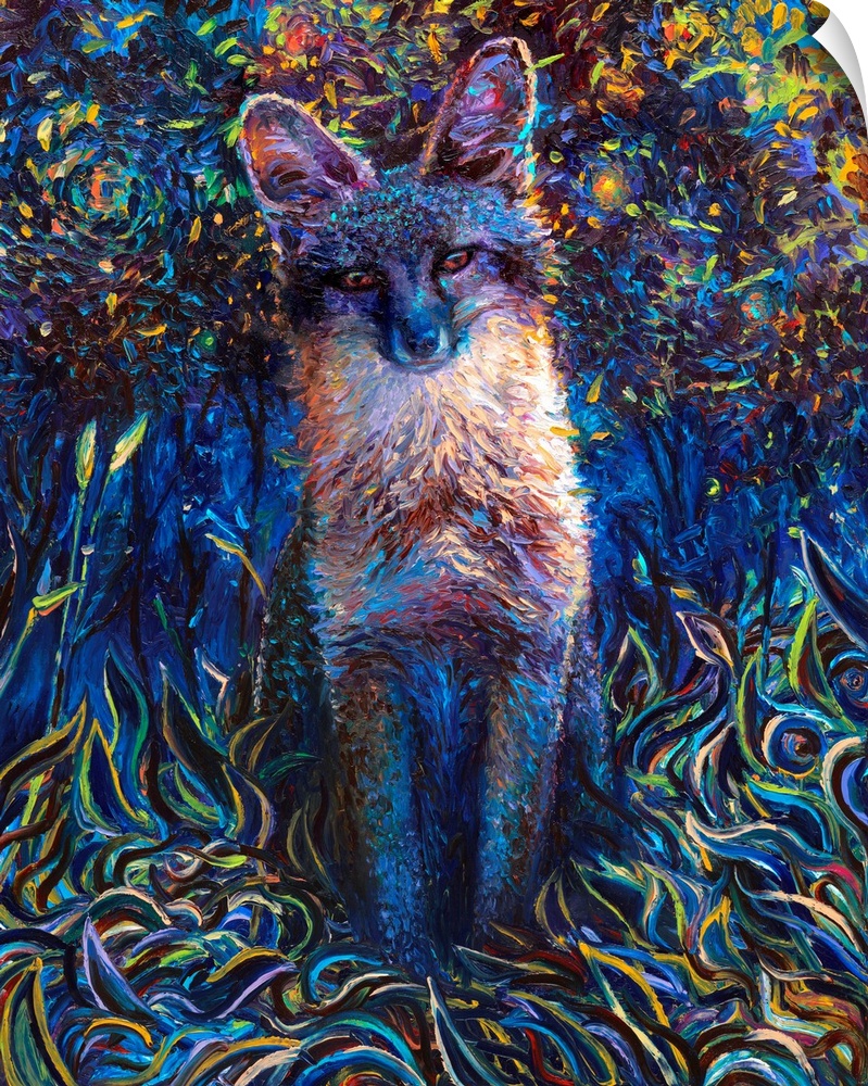 Brightly colored contemporary artwork of a cool toned fox.