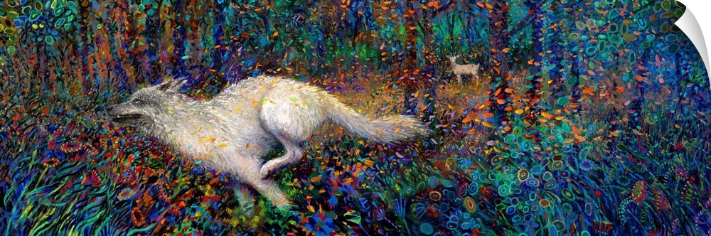 Brightly colored contemporary artwork of a white fox running through the woods.