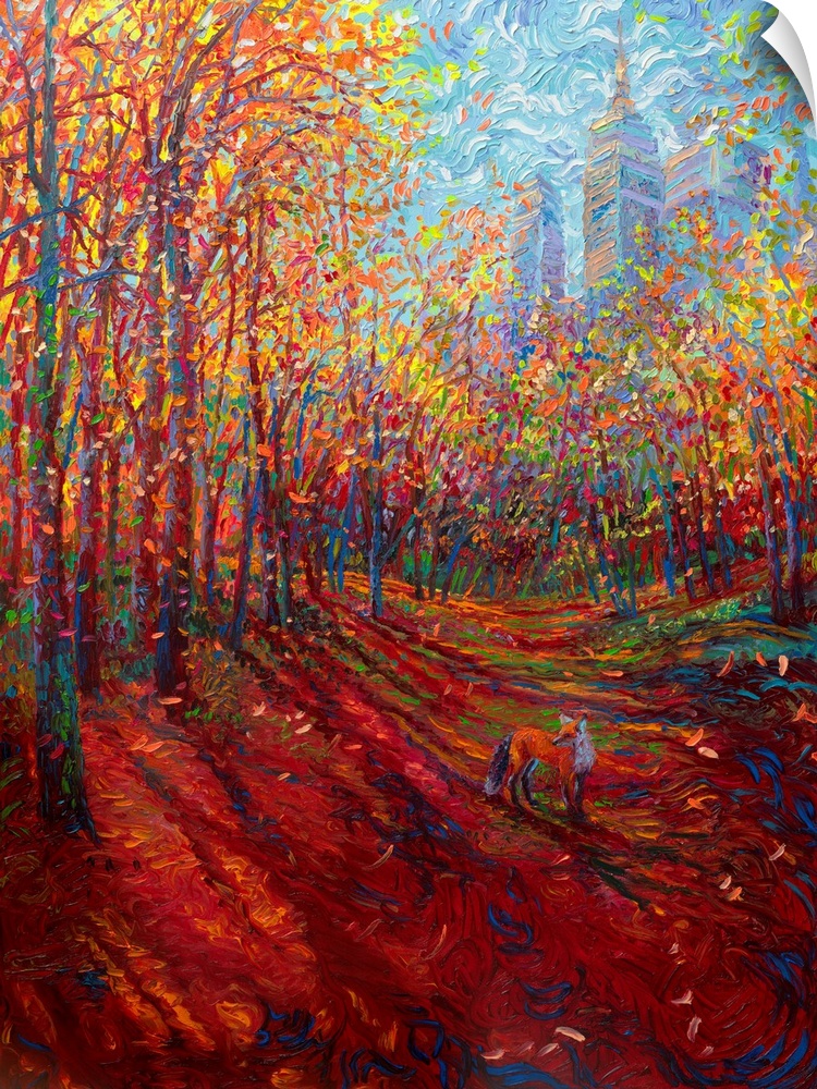 Brightly colored contemporary artwork of a red fox in the forest.