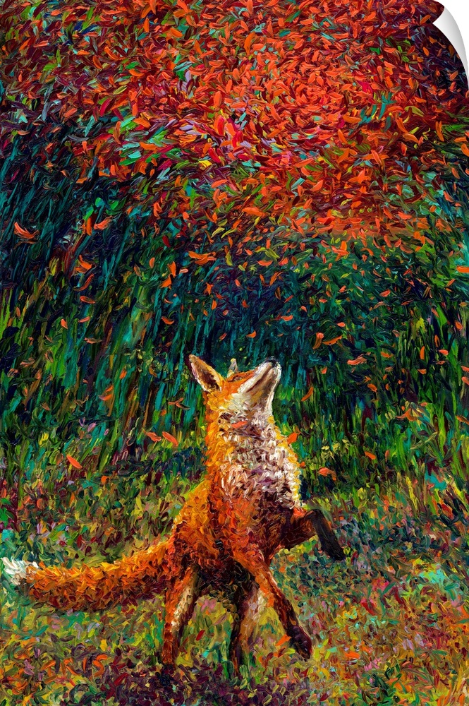 Brightly colored contemporary artwork of a red fox playing with falling leaves.