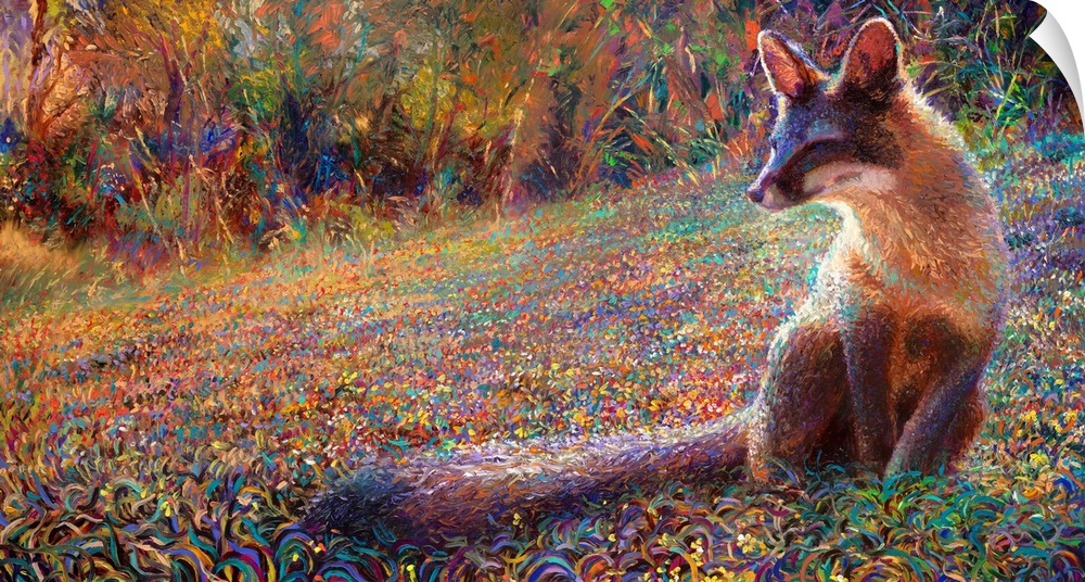 Brightly colored contemporary artwork of a fox in a field.