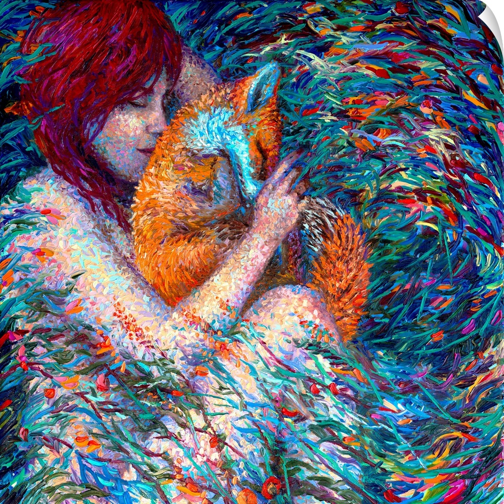 Brightly colored contemporary artwork of a woman holding a fox.