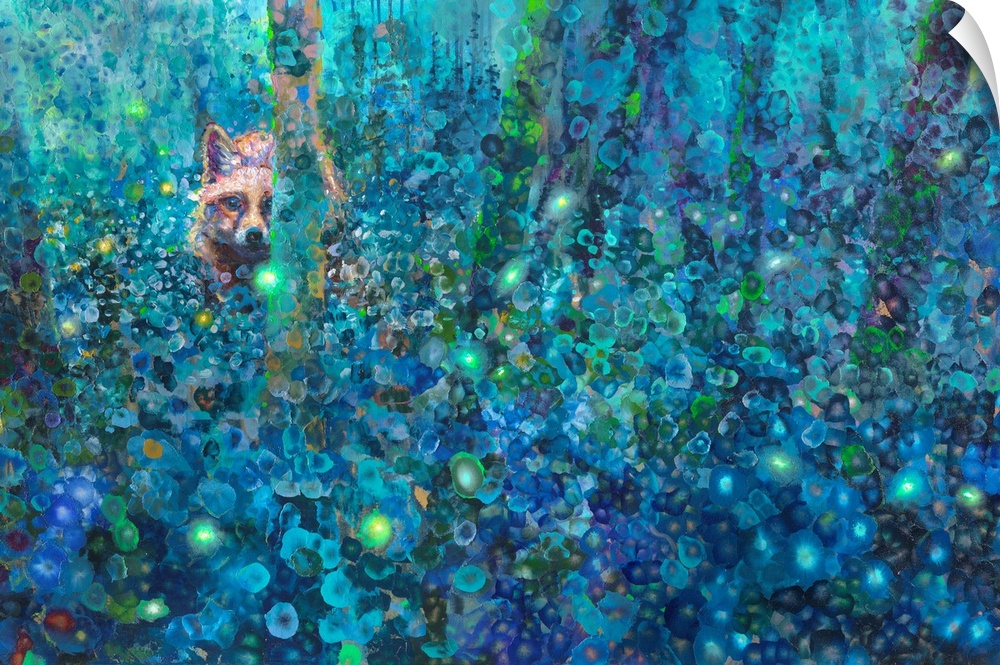 Brightly colored contemporary artwork of a fox in a forest watching fireflies.