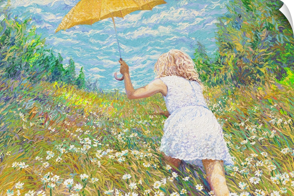 Brightly colored contemporary artwork of a woman in white in a field of flowers.