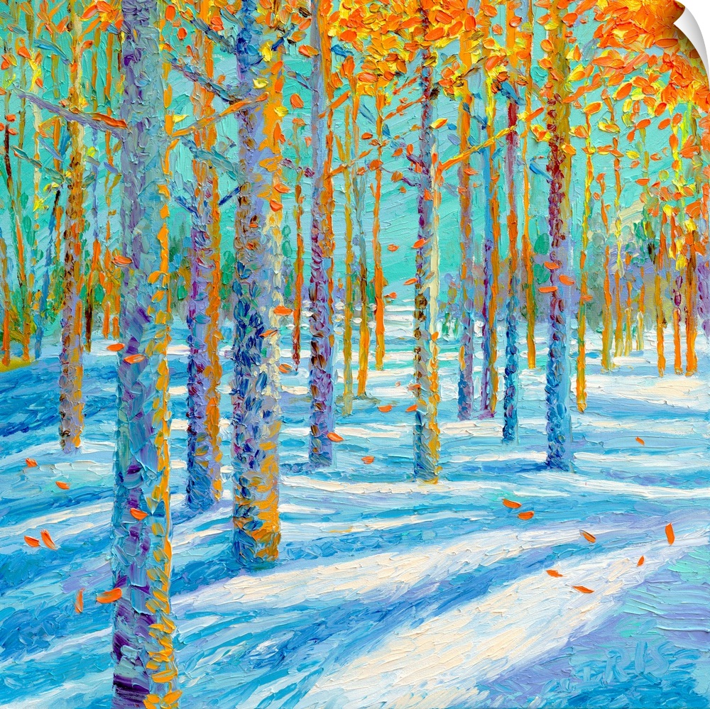 Brightly colored contemporary artwork of a landscape of trees in the snow.