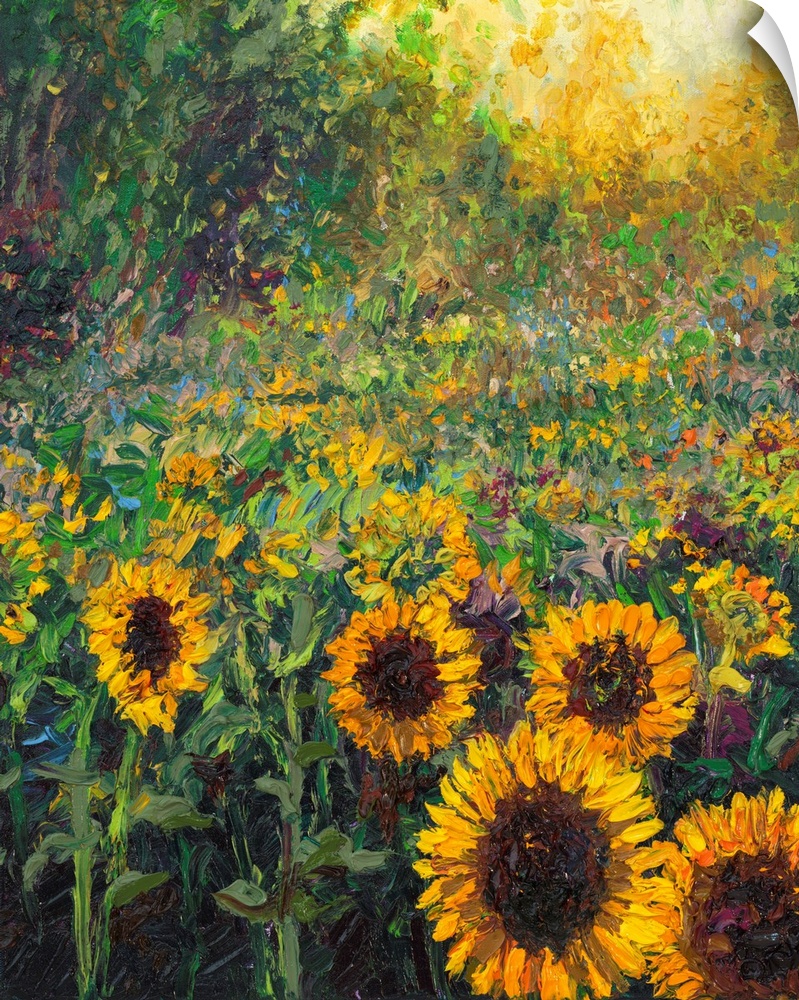 Brightly colored contemporary artwork of a field of sunflowers.
