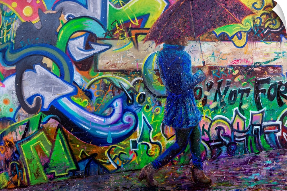 Brightly colored contemporary artwork of a woman walking alongside graffiti.