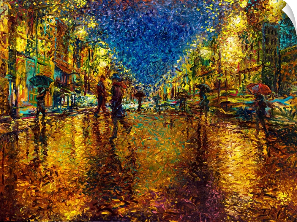 Brightly colored contemporary artwork of a city street painting at night.