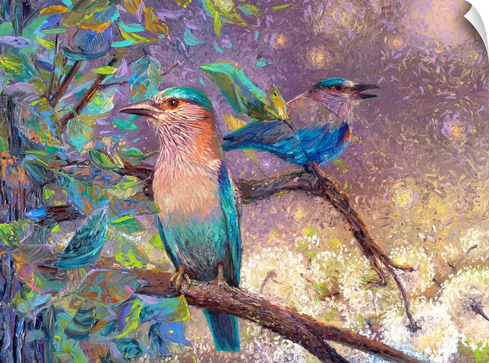 Brightly colored contemporary artwork of Indian rollers sitting in a tree.
