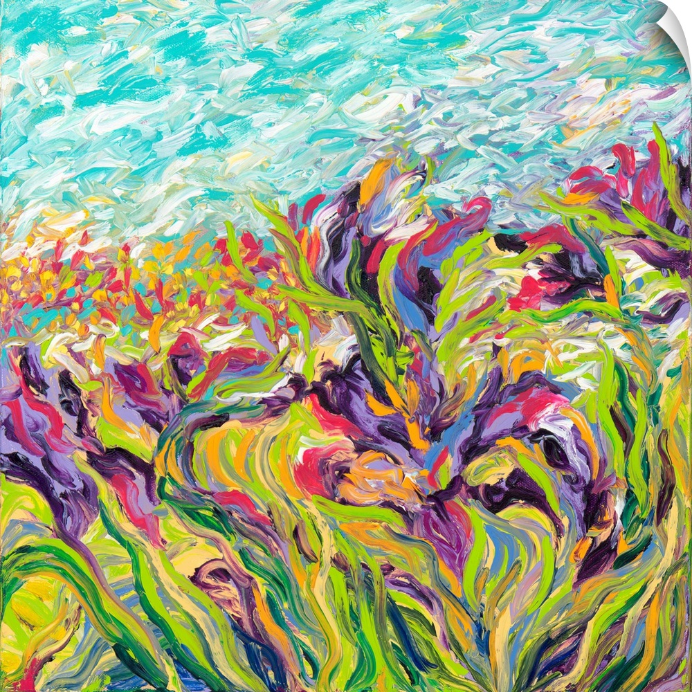 Brightly colored contemporary artwork of a field of purple irises.