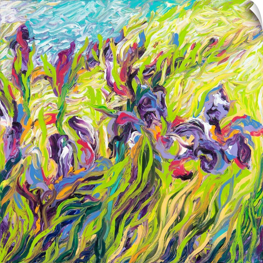 Brightly colored contemporary artwork of a field of purple irises.