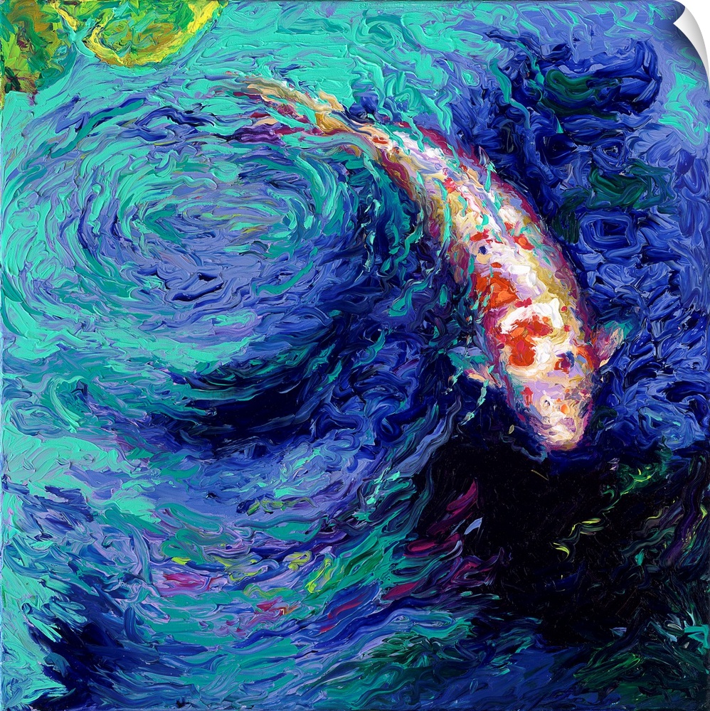 Brightly colored contemporary artwork of a single koi fish in a pond.