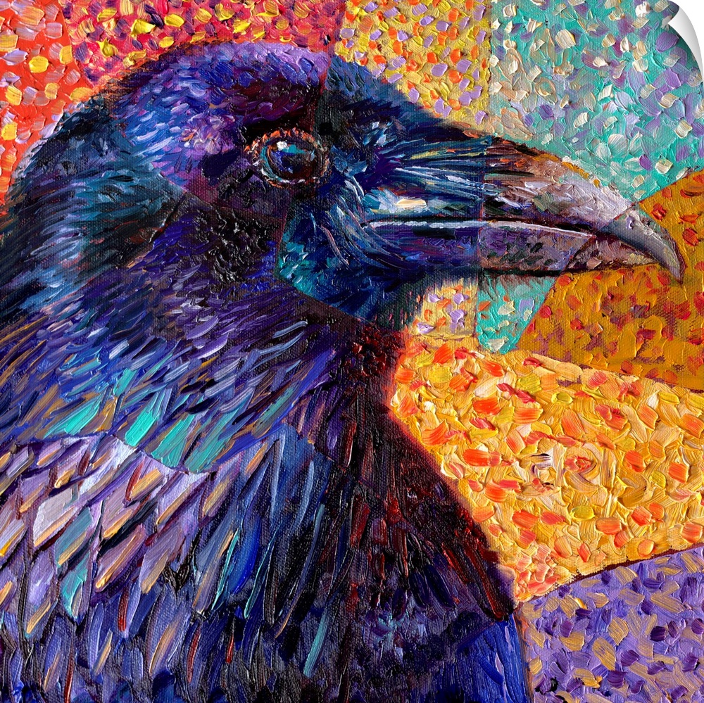 Brightly colored contemporary artwork of a colorful raven.