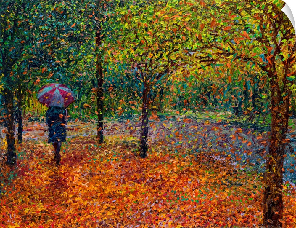Brightly colored contemporary artwork of a woman taking a walk in the fall.