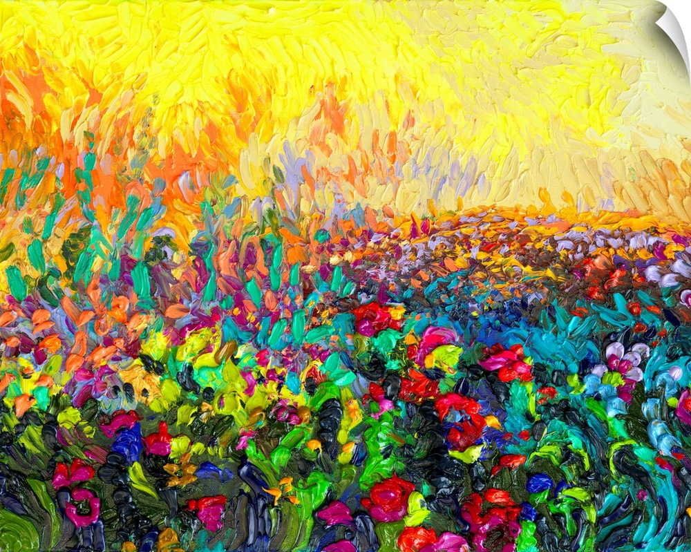 Brightly colored contemporary artwork of a field of small cacti.