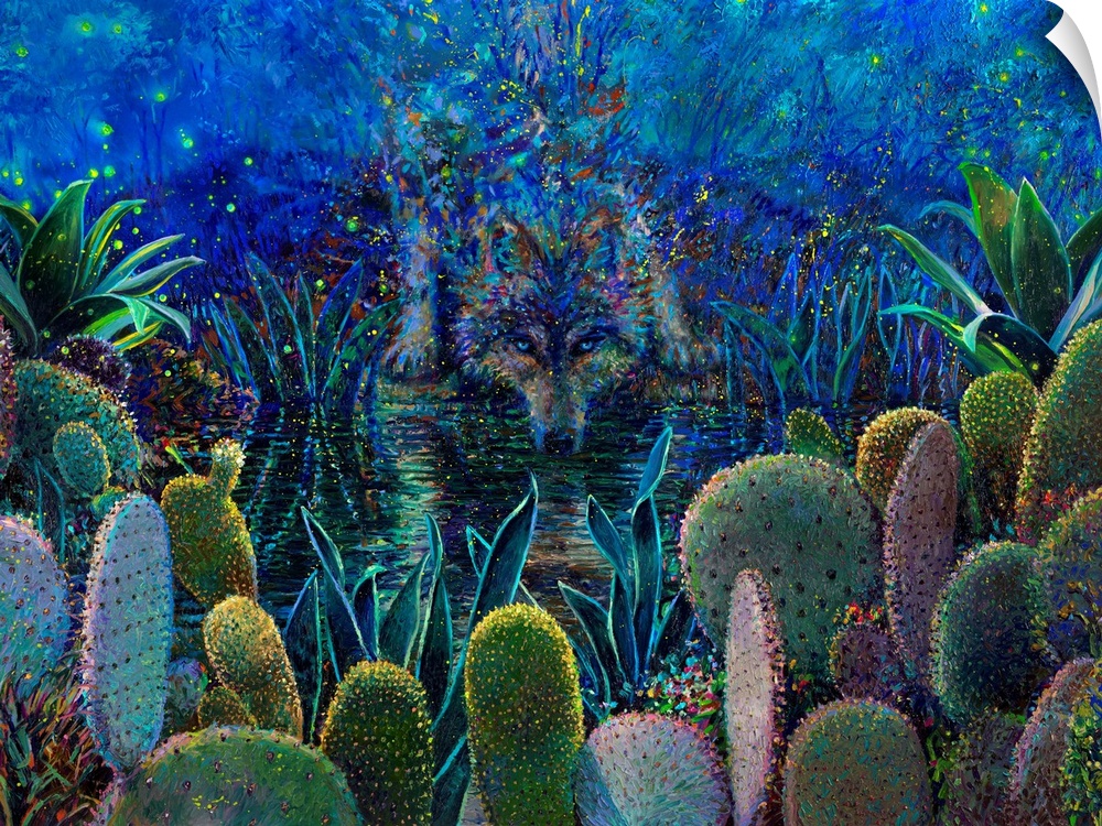 Brightly colored contemporary artwork of a wolf drinking water by cacti.