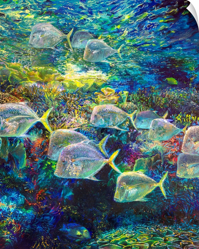 Brightly colored contemporary artwork of a fish swimming around coral.