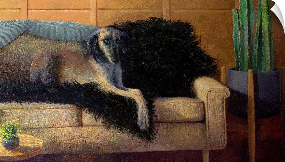 Brightly colored contemporary artwork of a dog sitting on a couch.