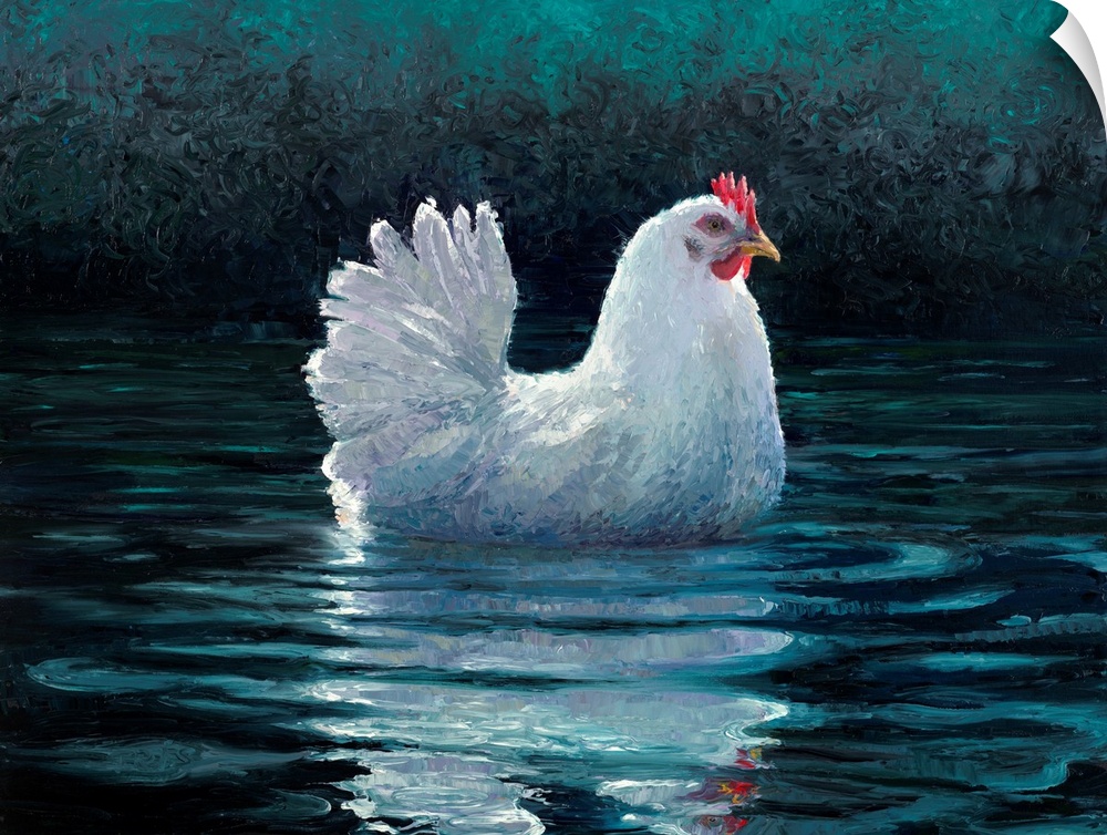 Brightly colored contemporary artwork of a hen in water.