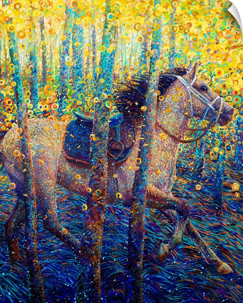 Brightly colored contemporary artwork of a horse running through the woods.