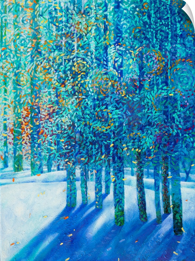 Brightly colored contemporary artwork of blue trees in the snow.