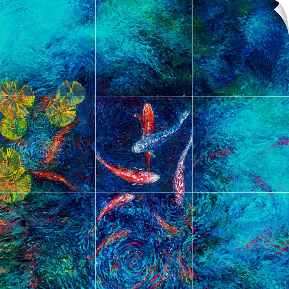 Brightly colored contemporary artwork of nine red fish and one blue fish swimming in a pond.