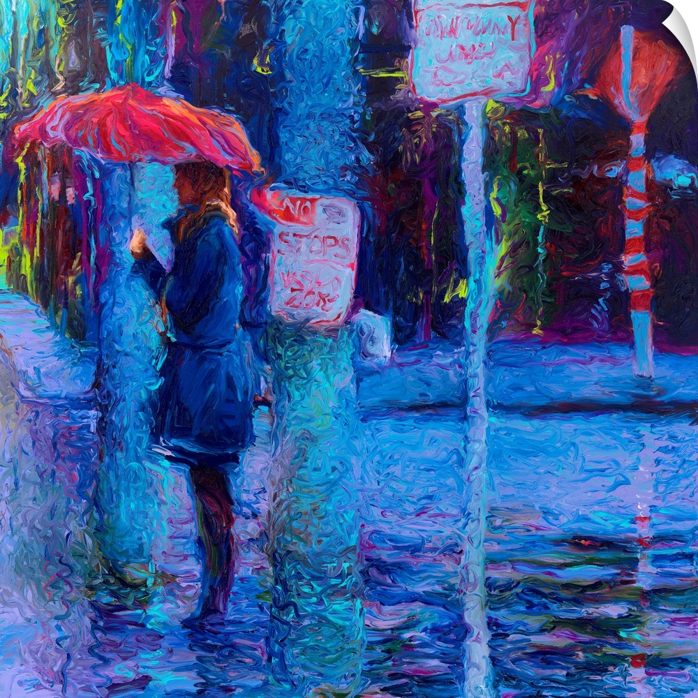 Brightly colored contemporary artwork of a woman standing at a crosswalk in the rain.