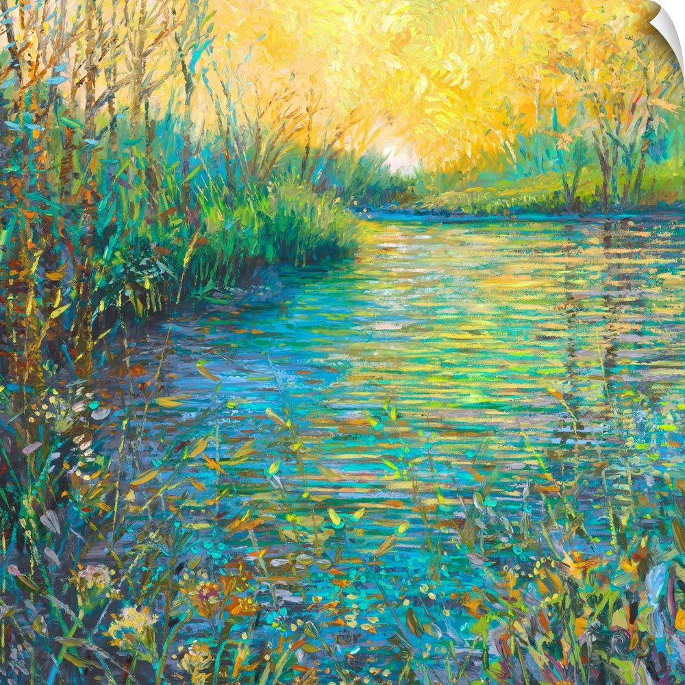 Brightly colored contemporary artwork of a landscape with a lake and foliage.