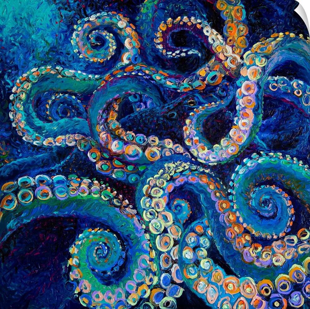 Brightly colored contemporary artwork of a blue octopus.