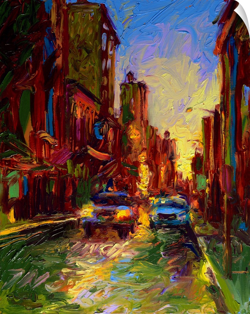 Brightly colored contemporary artwork of a street view of cars passing by.