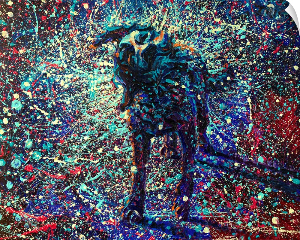 Brightly colored contemporary artwork of a splatter painting of a dog shaking off water.