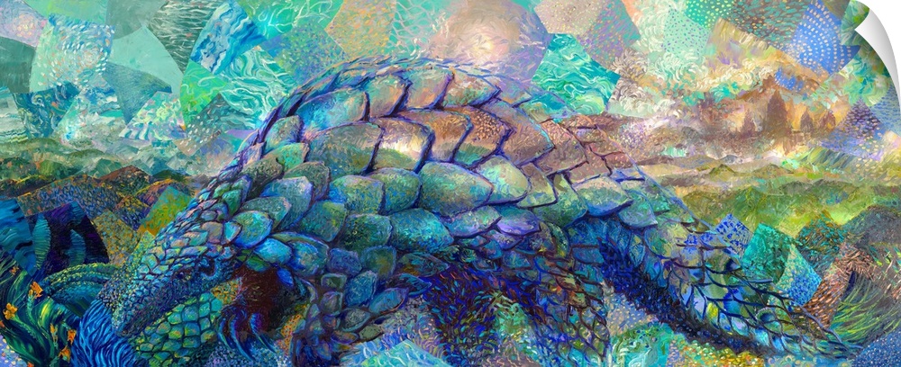 Brightly colored contemporary artwork of a colorful pangolin.