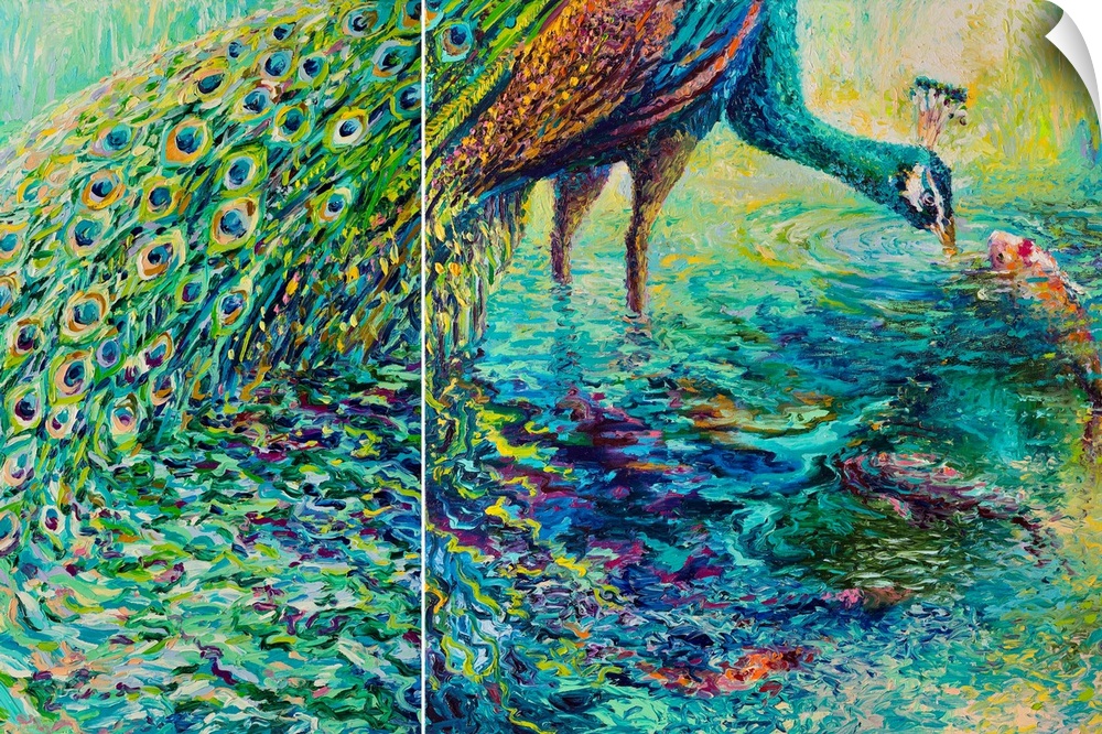 Brightly colored contemporary diptych painting of a peacock and fish in a pond.