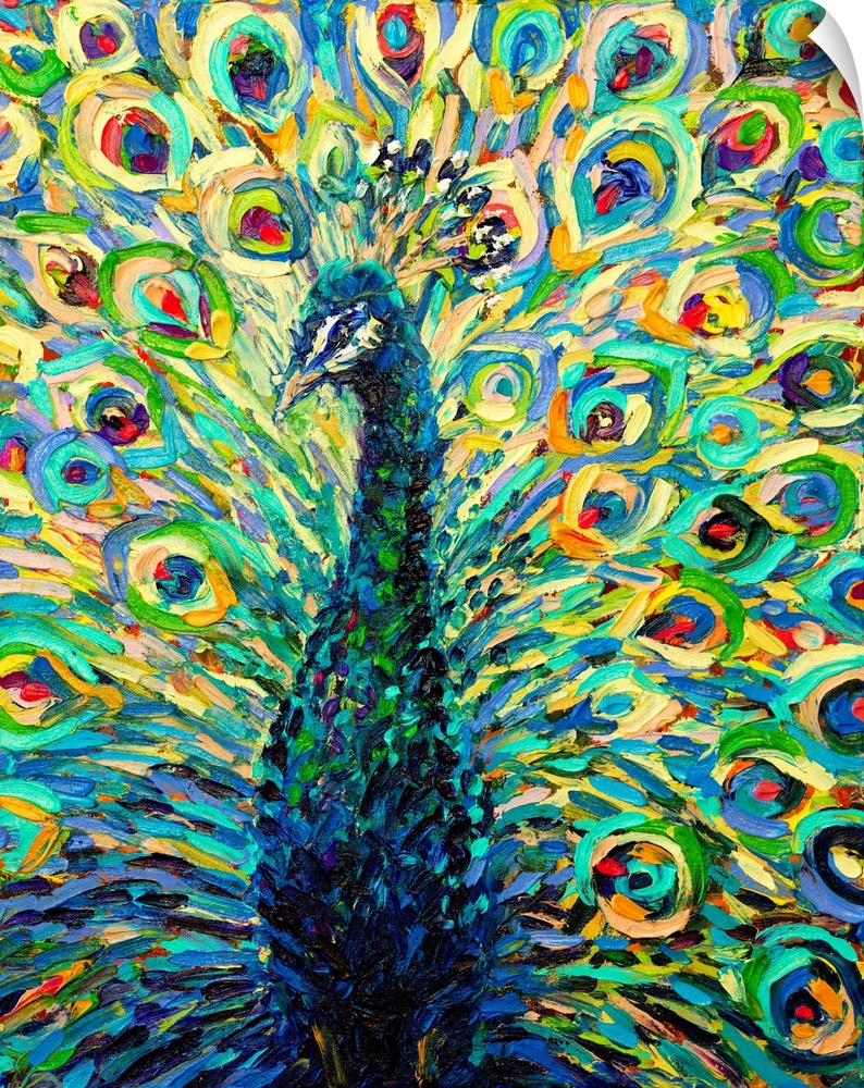 Brightly colored contemporary artwork of a peacock with it's tail fanned out.