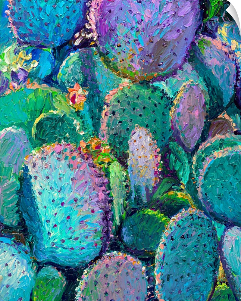Brightly colored contemporary artwork of a blue, green, and purple cacti.