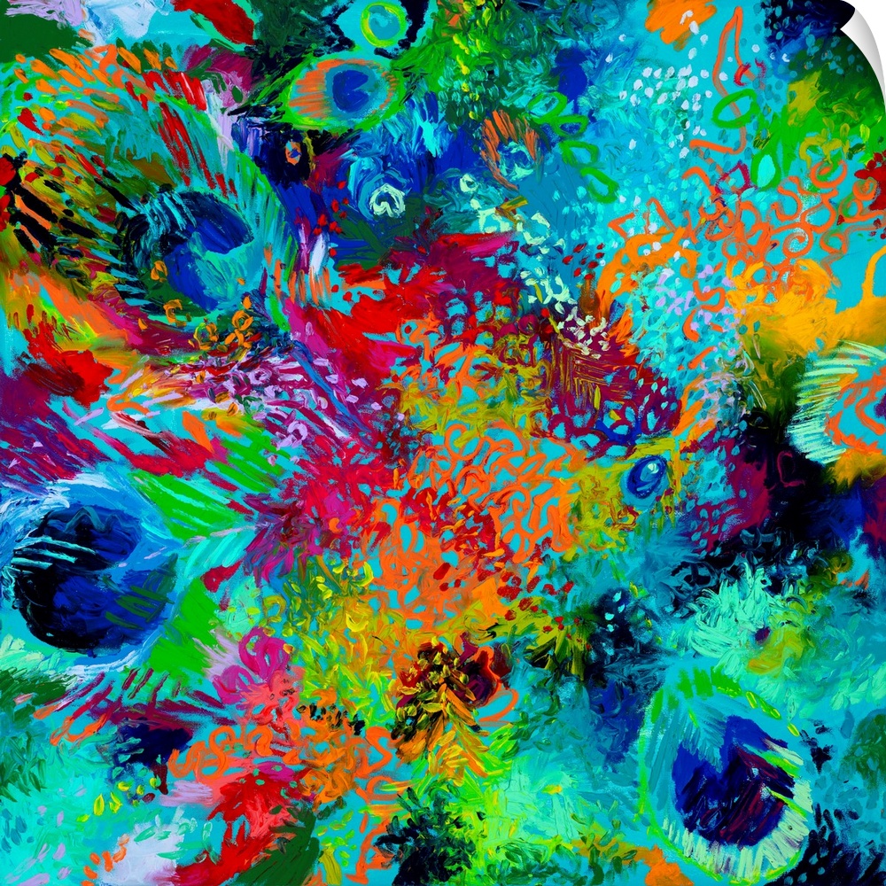 Brightly colored contemporary artwork of a colorful painting of feathers.