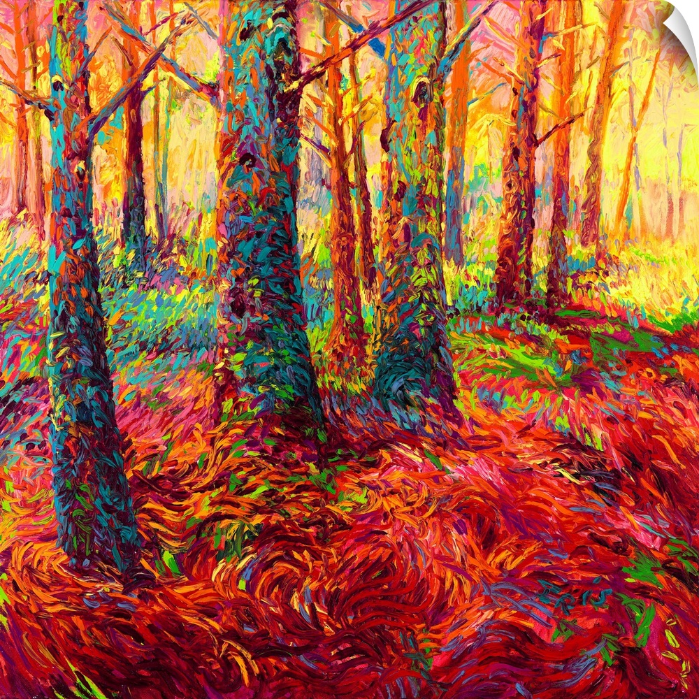 Brightly colored contemporary artwork of a forest of redwoods in red.