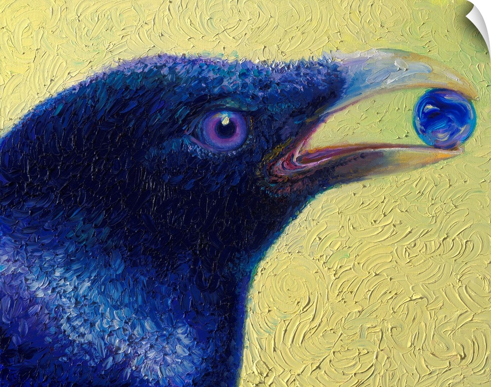 Brightly colored contemporary artwork of a black bird holding a marble.