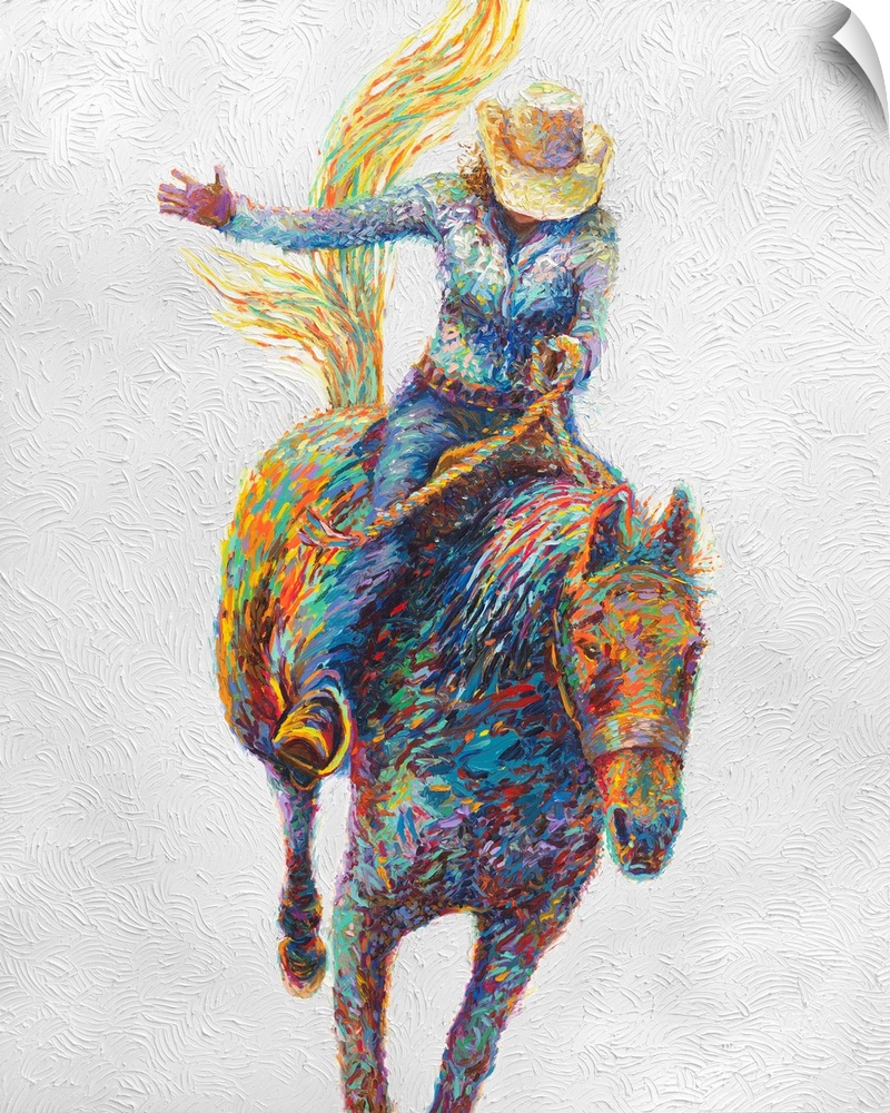 Brightly colored contemporary artwork of a woman riding a horse.