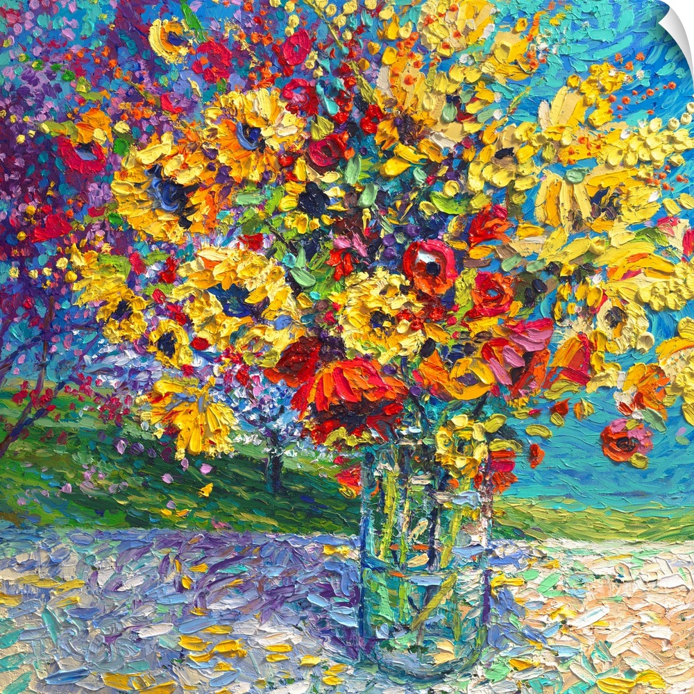 Brightly colored contemporary artwork of a painting of red and yellow flowers in a vase.