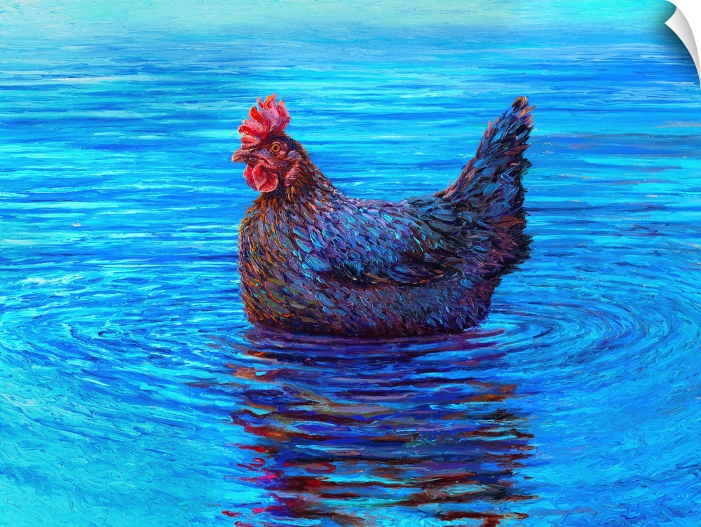 Brightly colored contemporary artwork of a chicken at sea.