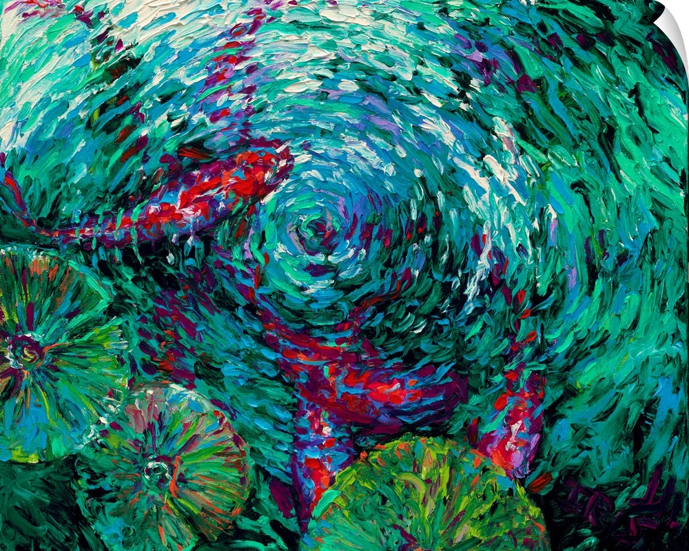 Brightly colored contemporary artwork of a fish under rippling water.